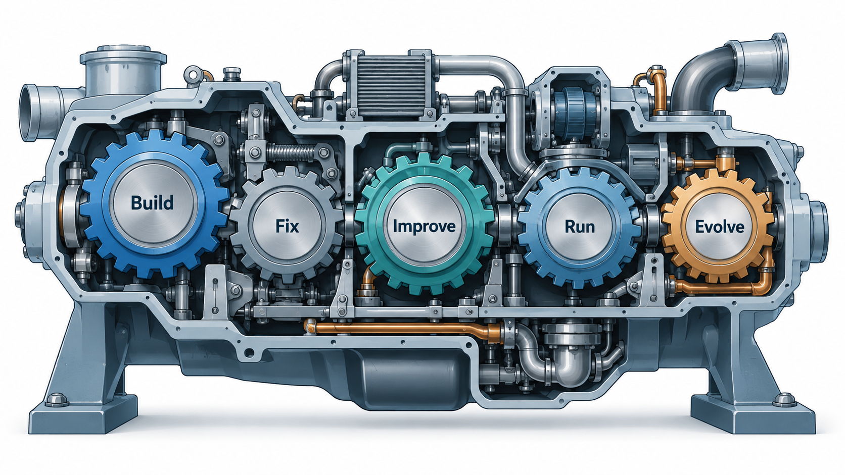 Build, Fix, Improve, Run, and Evolve as gears in one engine